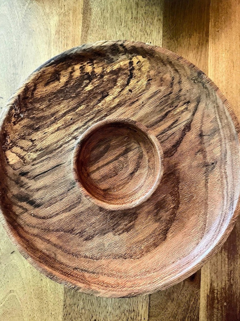 Hand Turned Red Oak Wood Chip Dip Bowl Platter Signed Willie Flower 14 Inch